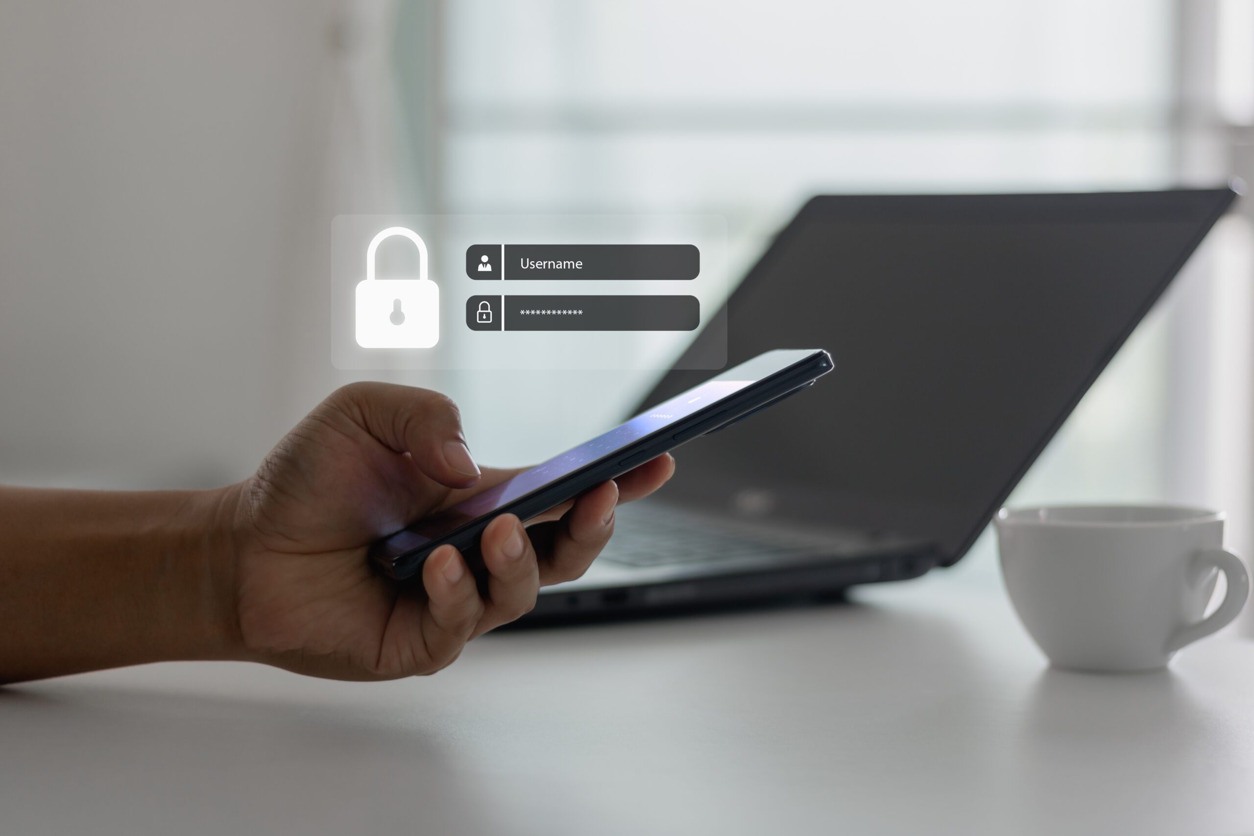 The login screen with username and password is shown. Multi-factor authentication, User, cyber security and data protection, information security and encryption, secure Internet access, cybersecurity.