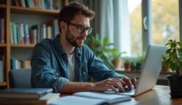 Young man in glasses using laptop computer at home. Student studying online, creative pro works at office. Distance learning, work from home, cyberspace, e-learning. Remote job.