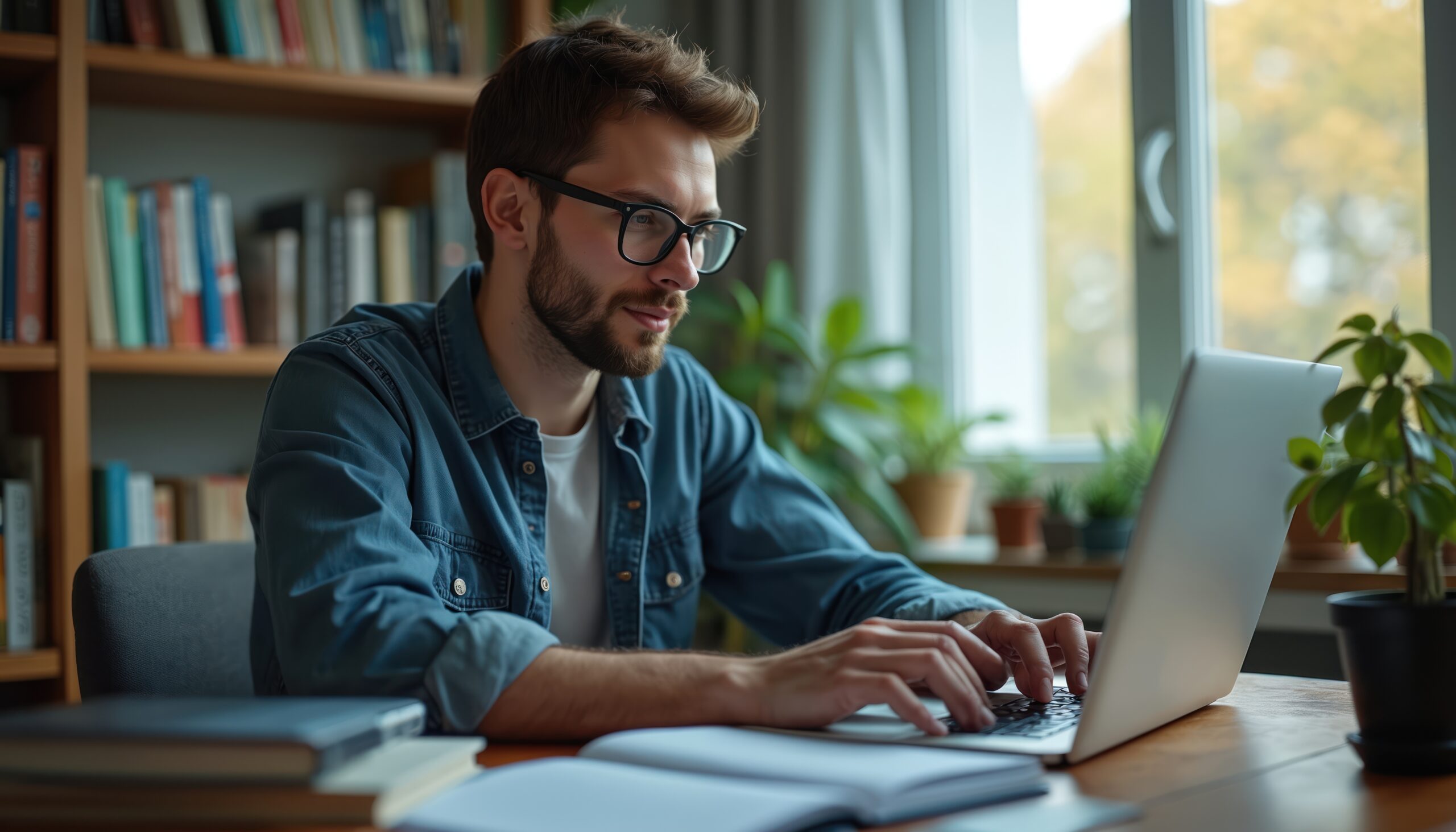 Young man in glasses using laptop computer at home. Student studying online, creative pro works at office. Distance learning, work from home, cyberspace, e-learning. Remote job.