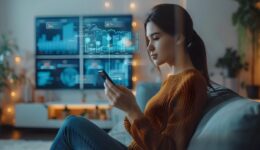 Young Woman Reviewing Personal Finances on Smartphone with Detailed Charts in Modern Living Space