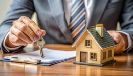 A close-up shot of a person's hand holding a miniature house with a key, surrounded by mortgage documents and a pen on a wooden desk.