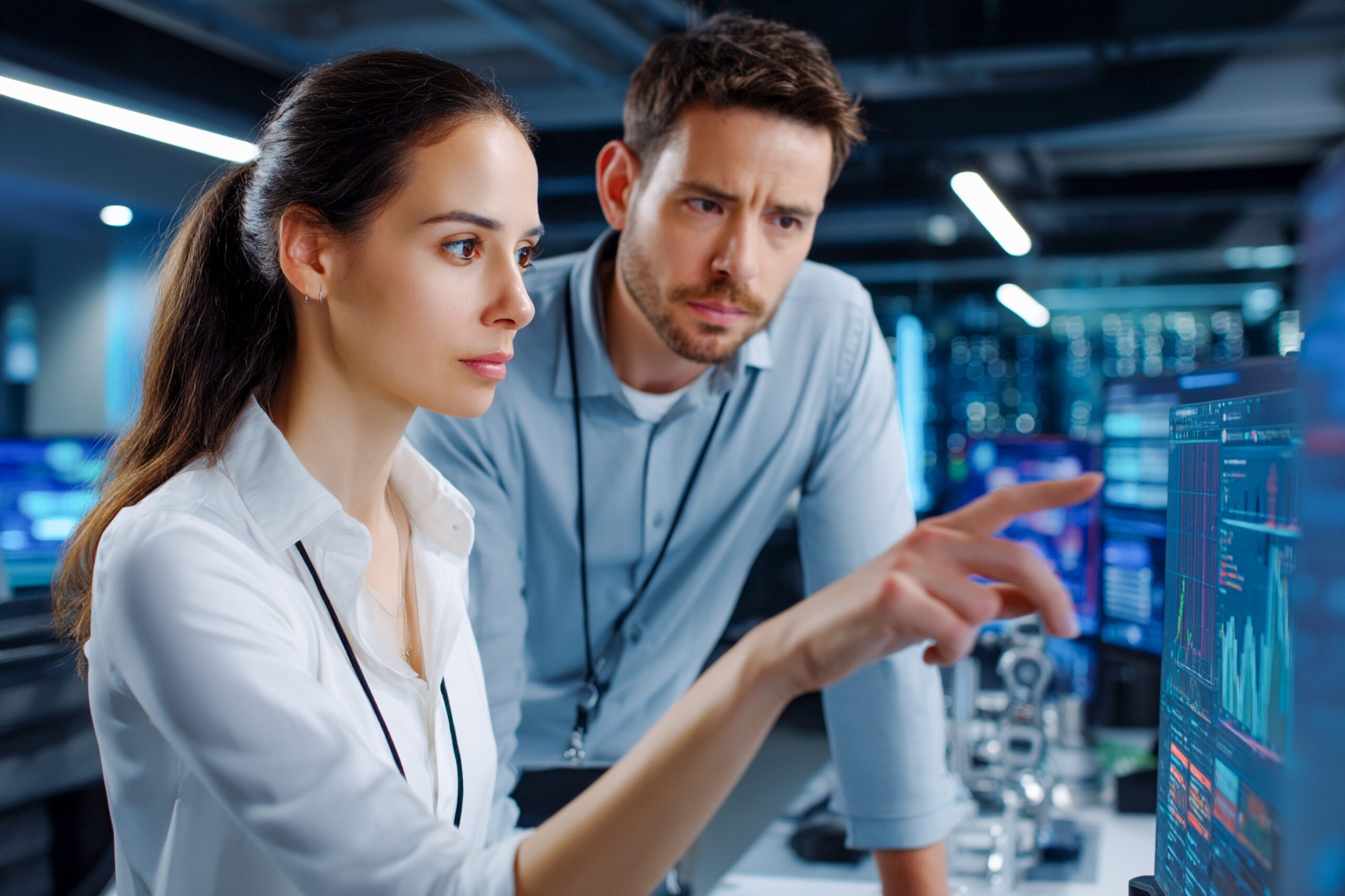 Engineers examining data on a screen together