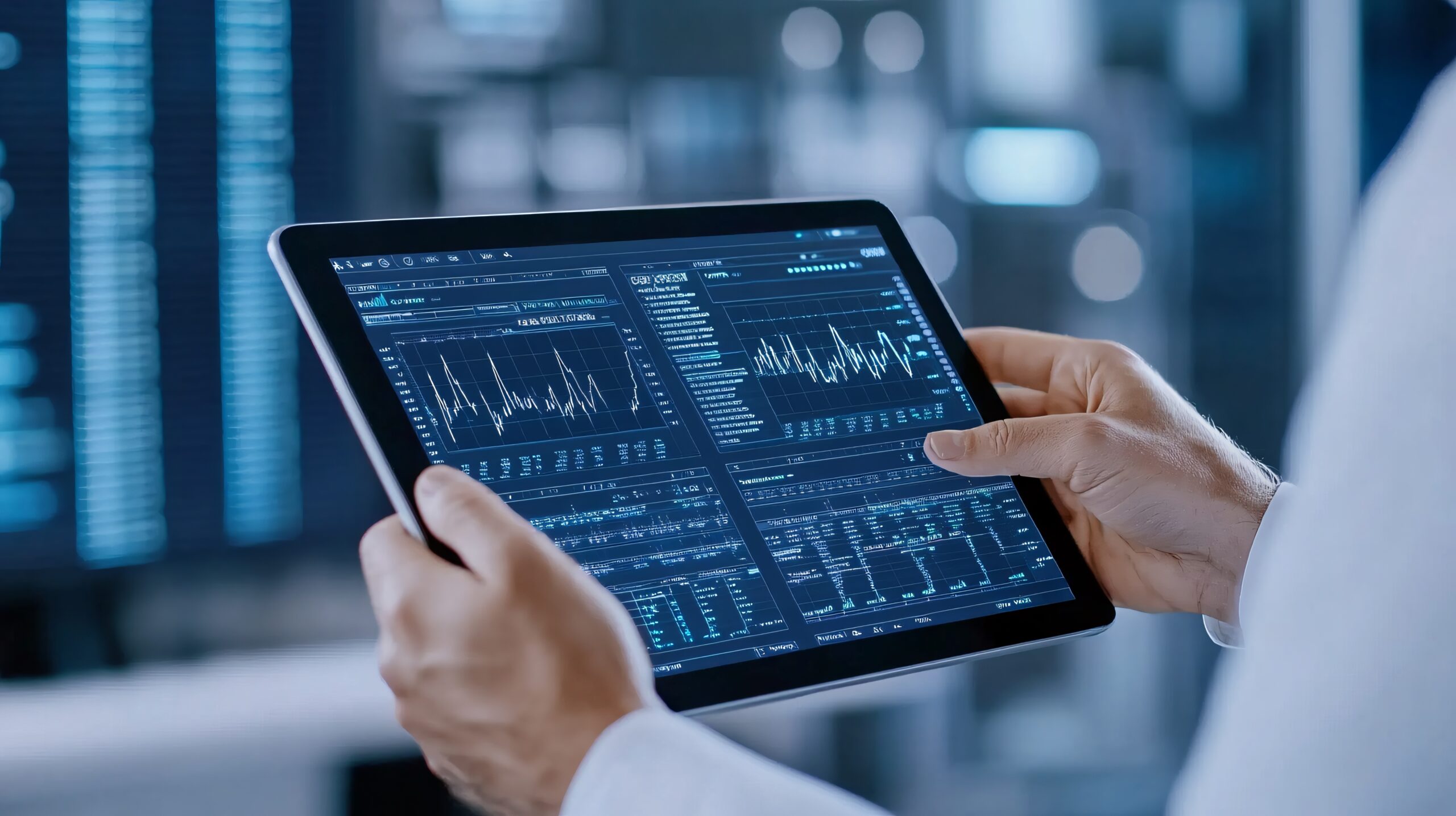 A person is analyzing data on a tablet, displaying graphs and statistics in a high-tech environment.