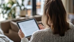A backview of a Caucasian woman reading a document on a tablet while participating in an online discussion.
