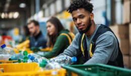 Volunteers sort plastic bottles at a recycling center while promoting sustainability and community engagement