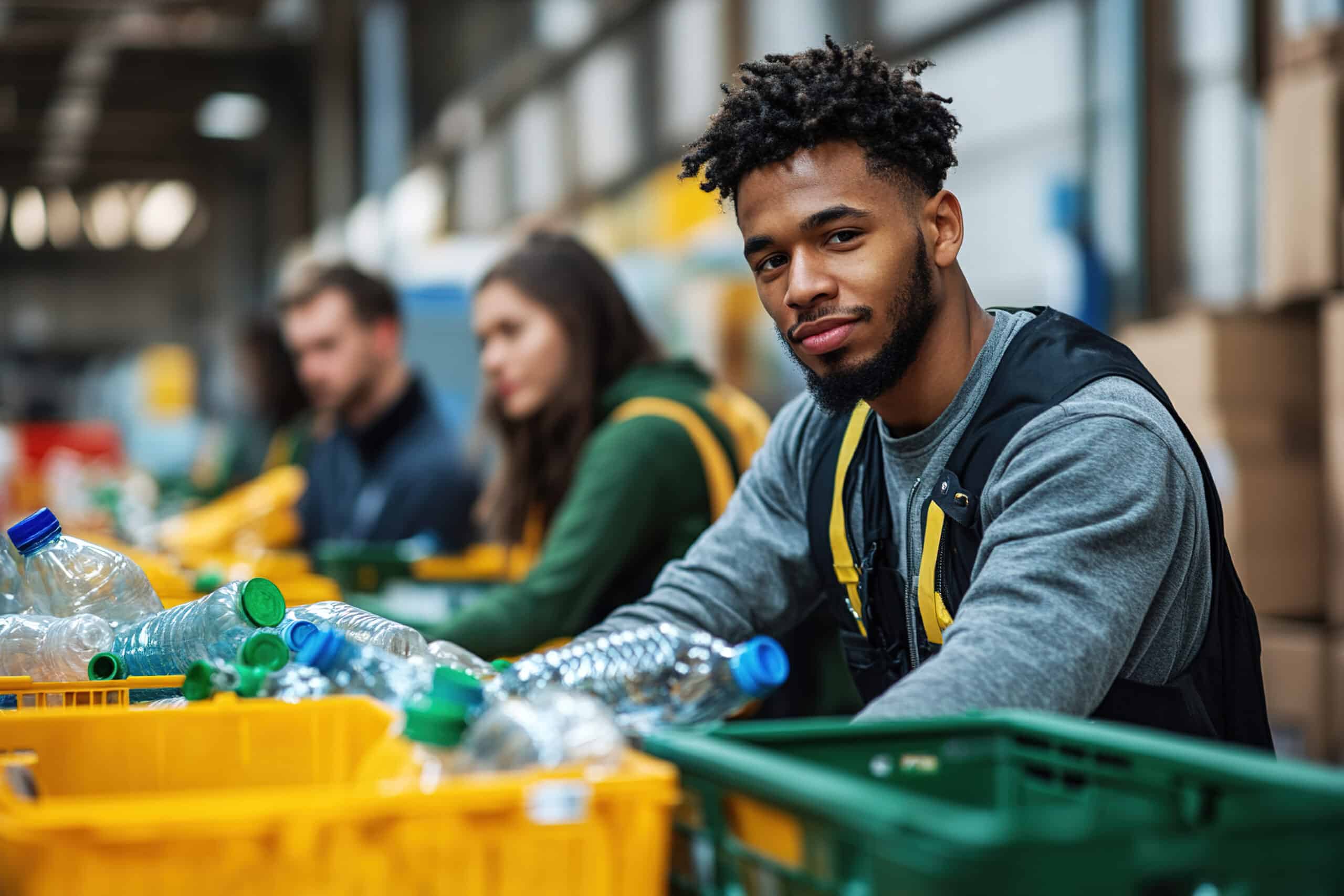 Volunteers sort plastic bottles at a recycling center while promoting sustainability and community engagement
