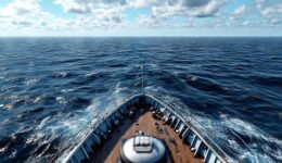 A view from the bow of a cruise ship in the middle of the ocean