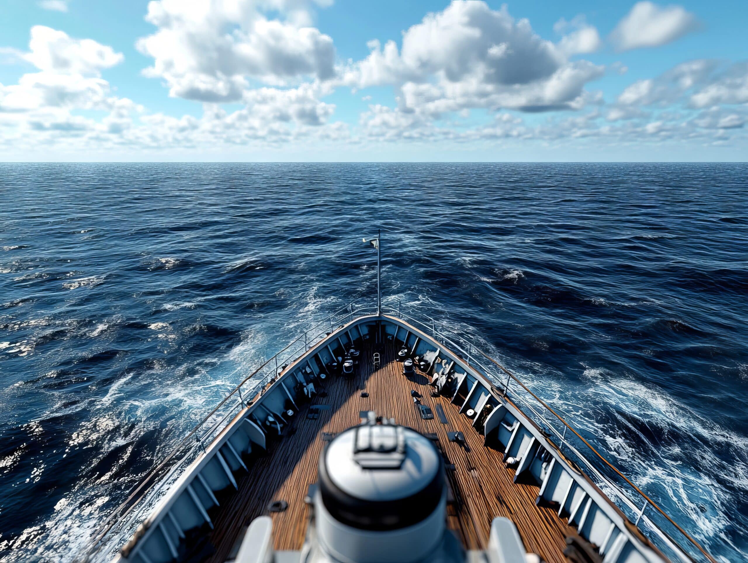A view from the bow of a cruise ship in the middle of the ocean
