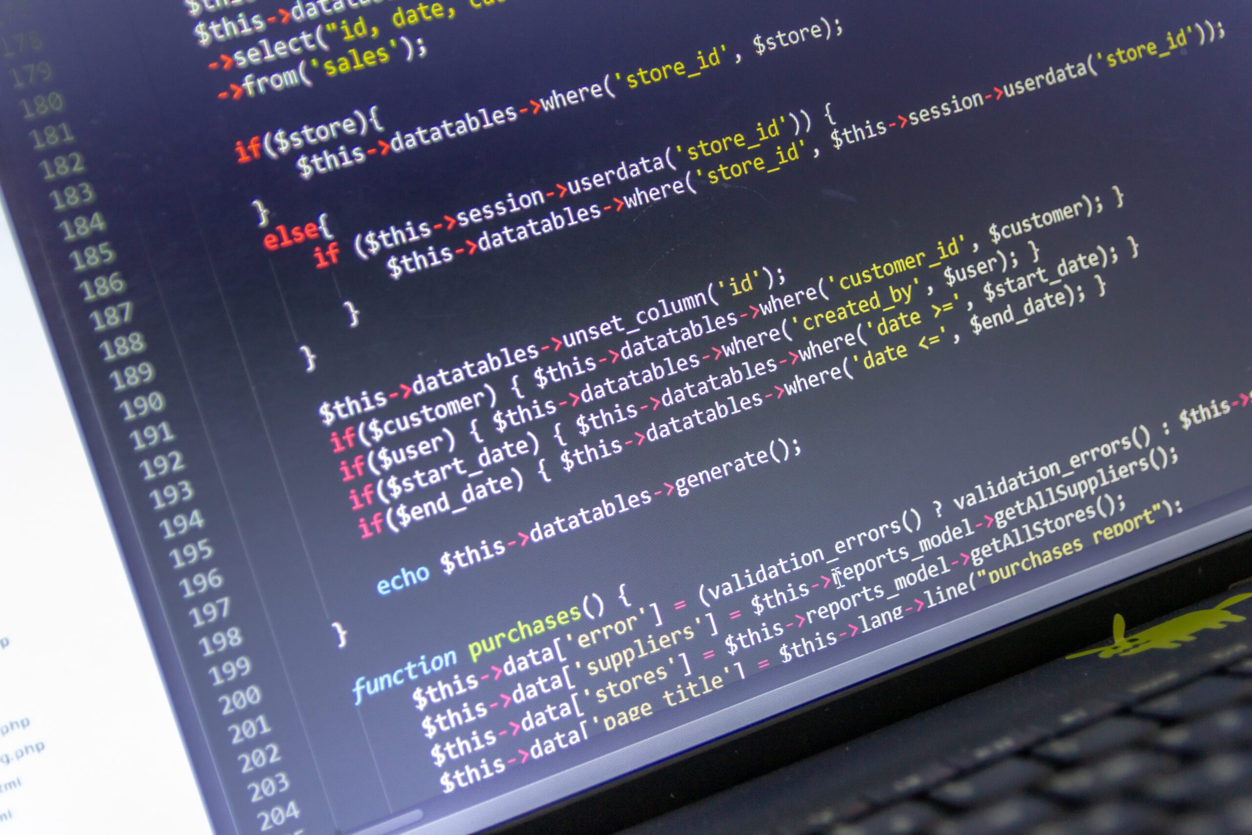 Modern web development background. Abstract pieces of PHP code of sale system.