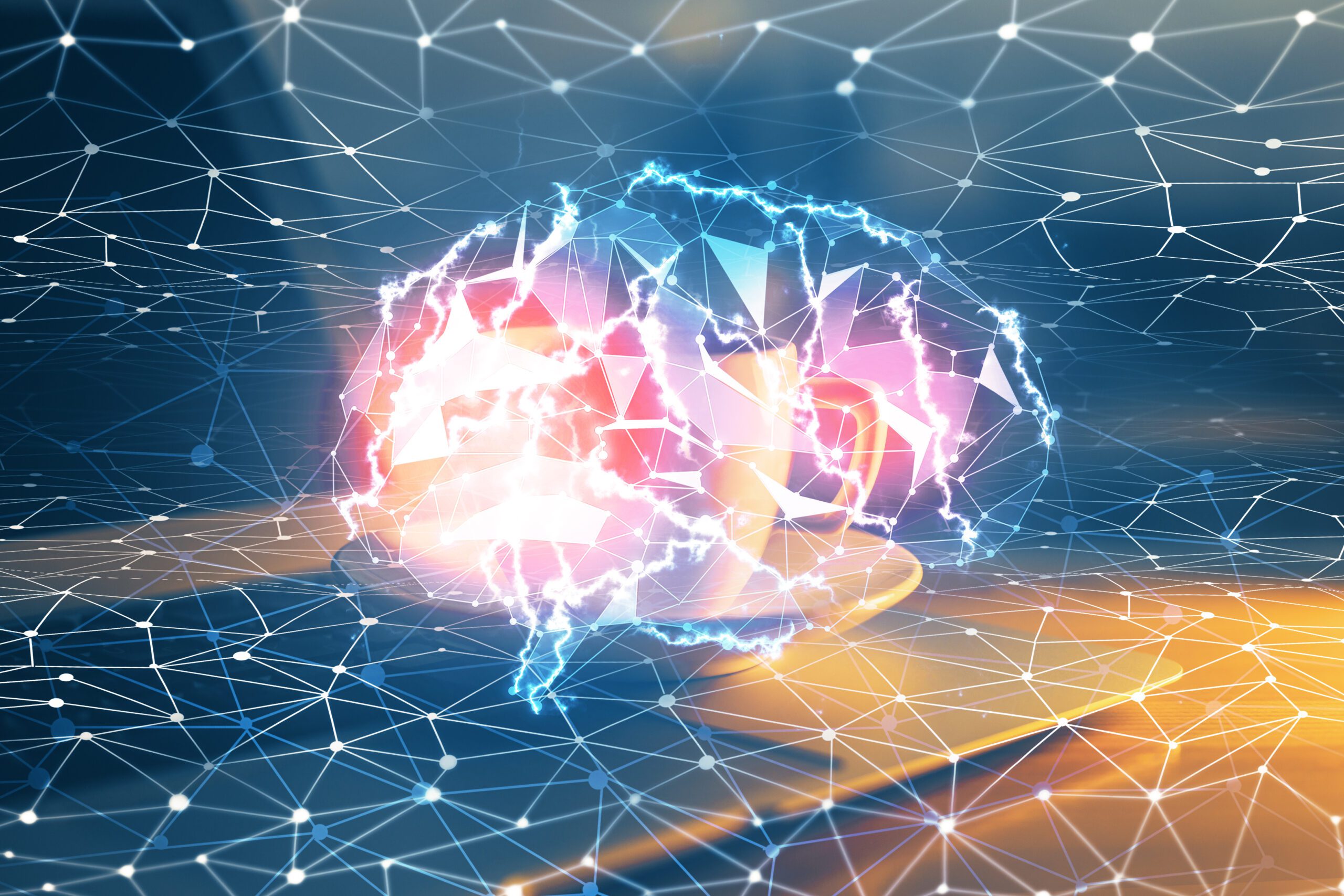 Double exposure of work space with computer and human brain drawing hologram. Brainstorm concept.