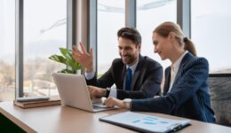 a female and male coworker at office, talking and discussing project