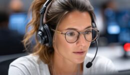 Focused Customer Service Representative: A dedicated woman, adorned with headphones and glasses, attentively provides support and service.