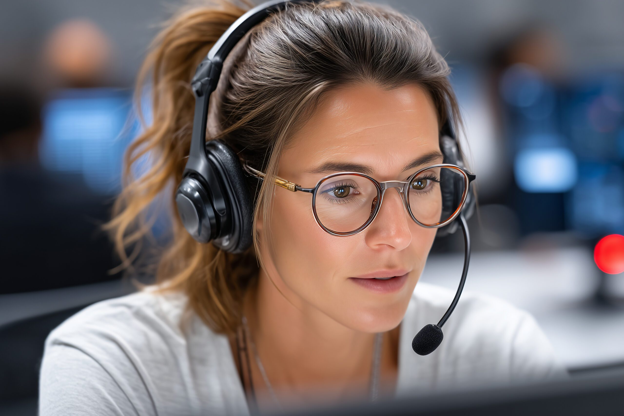 Focused Customer Service Representative: A dedicated woman, adorned with headphones and glasses, attentively provides support and service.