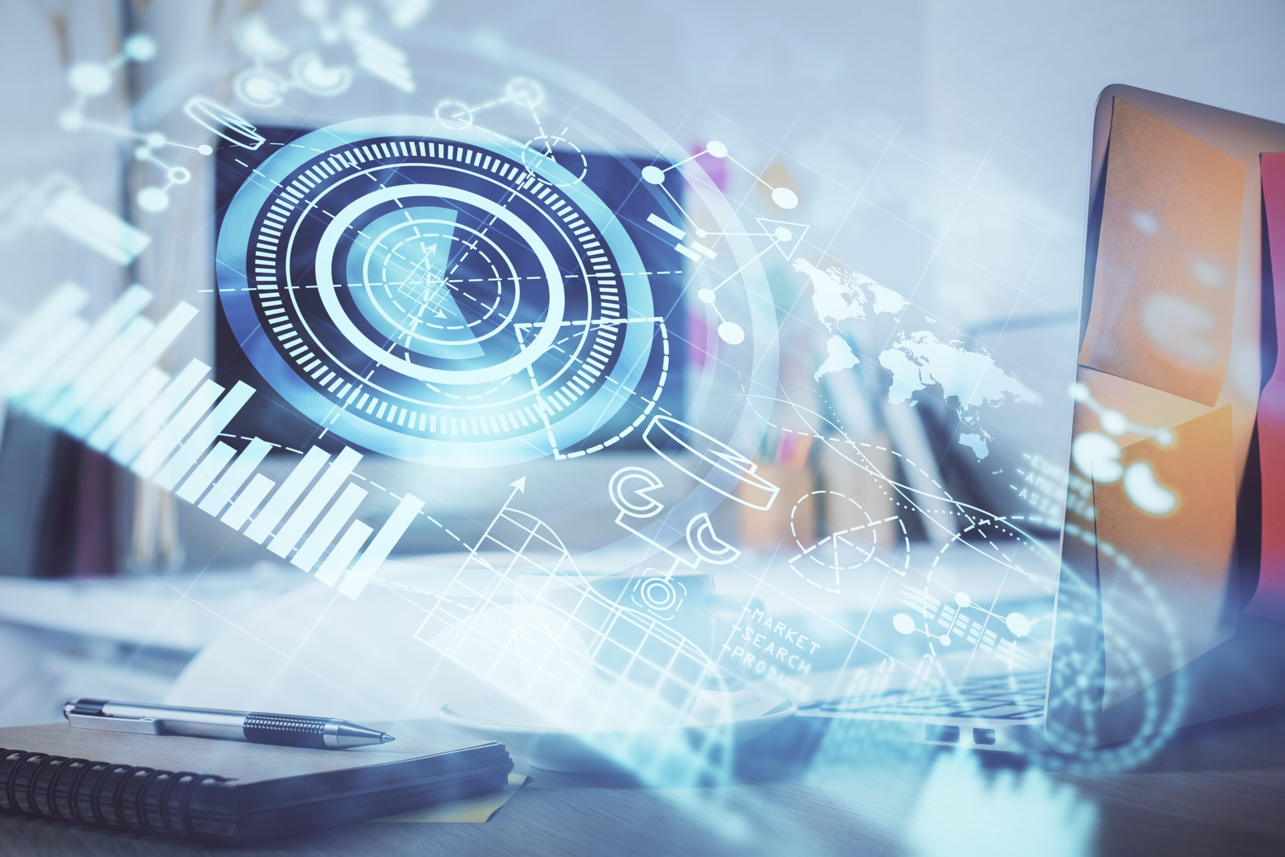 Multi exposure of business theme icons and work space with computer background. Concept of success.