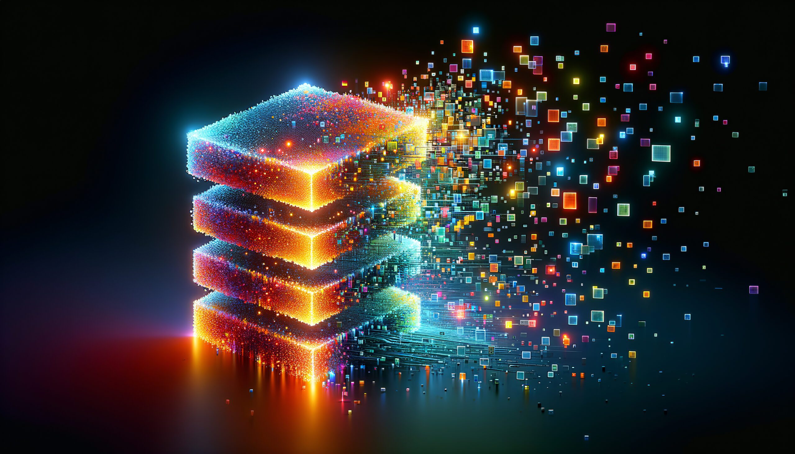 Digital SQL: Glowing Crystal Structure with Floating Pixels