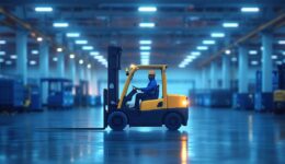 Forklift operating in illuminated warehouse at night. Forklift driver works in a brightly lit warehouse at night, surrounded by various equipment and storage racks.