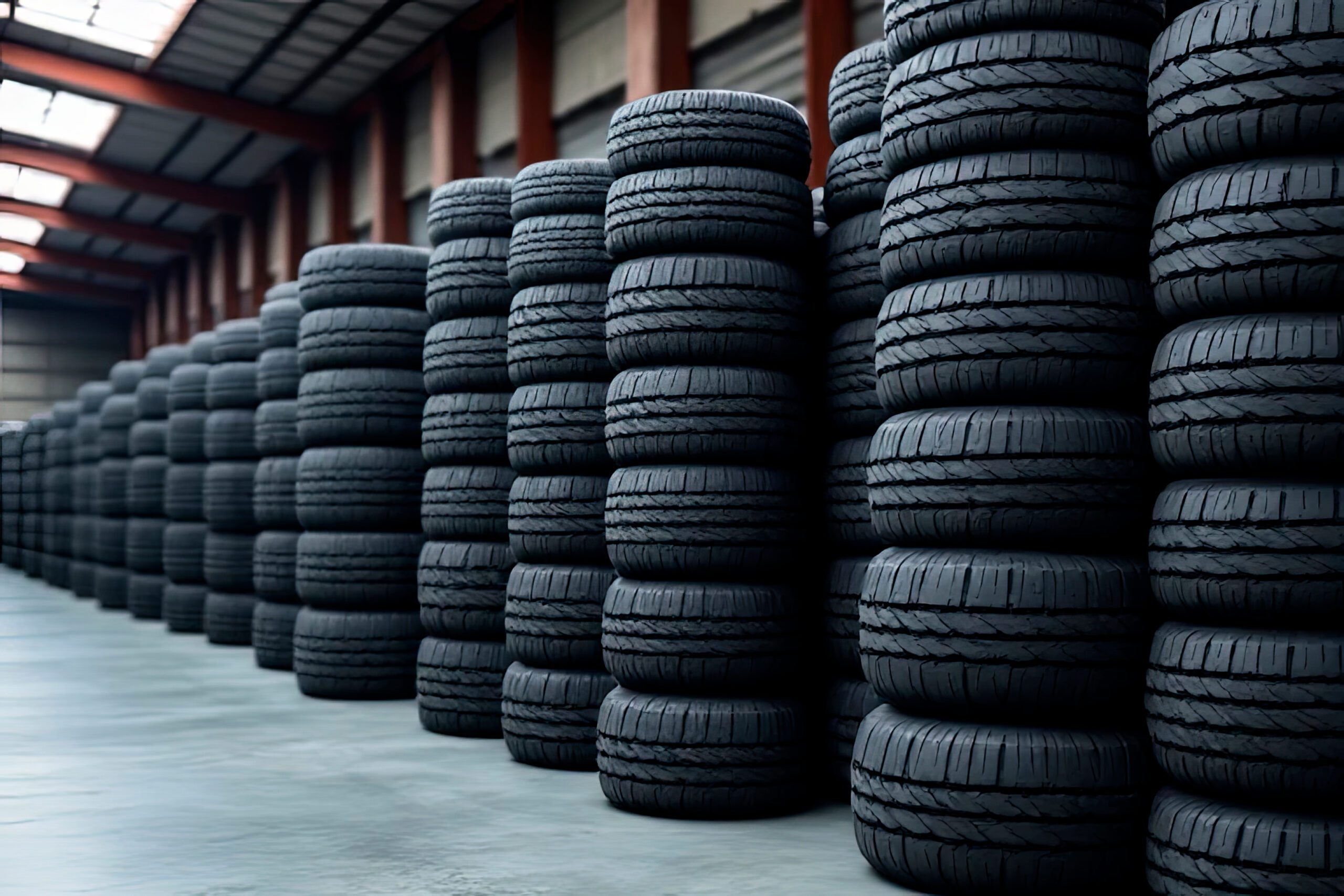 Stack of new tires at a warehouse.created with the help of artificial intelligence.