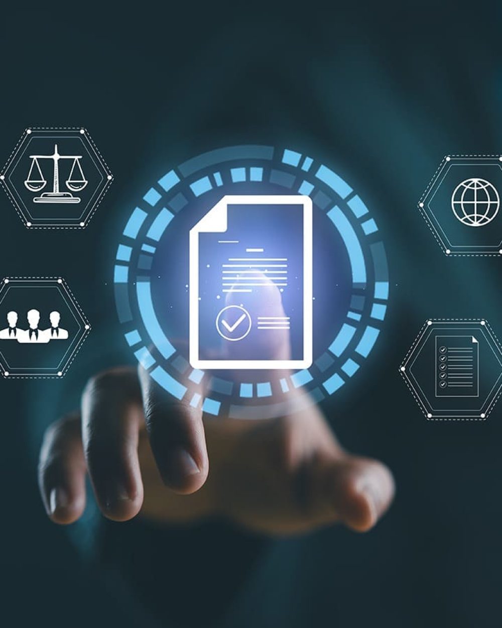 Hand interacting with secure digital documents and governance icons, symbolising government digital transformation, secure government data integration, and automation in government workflows.