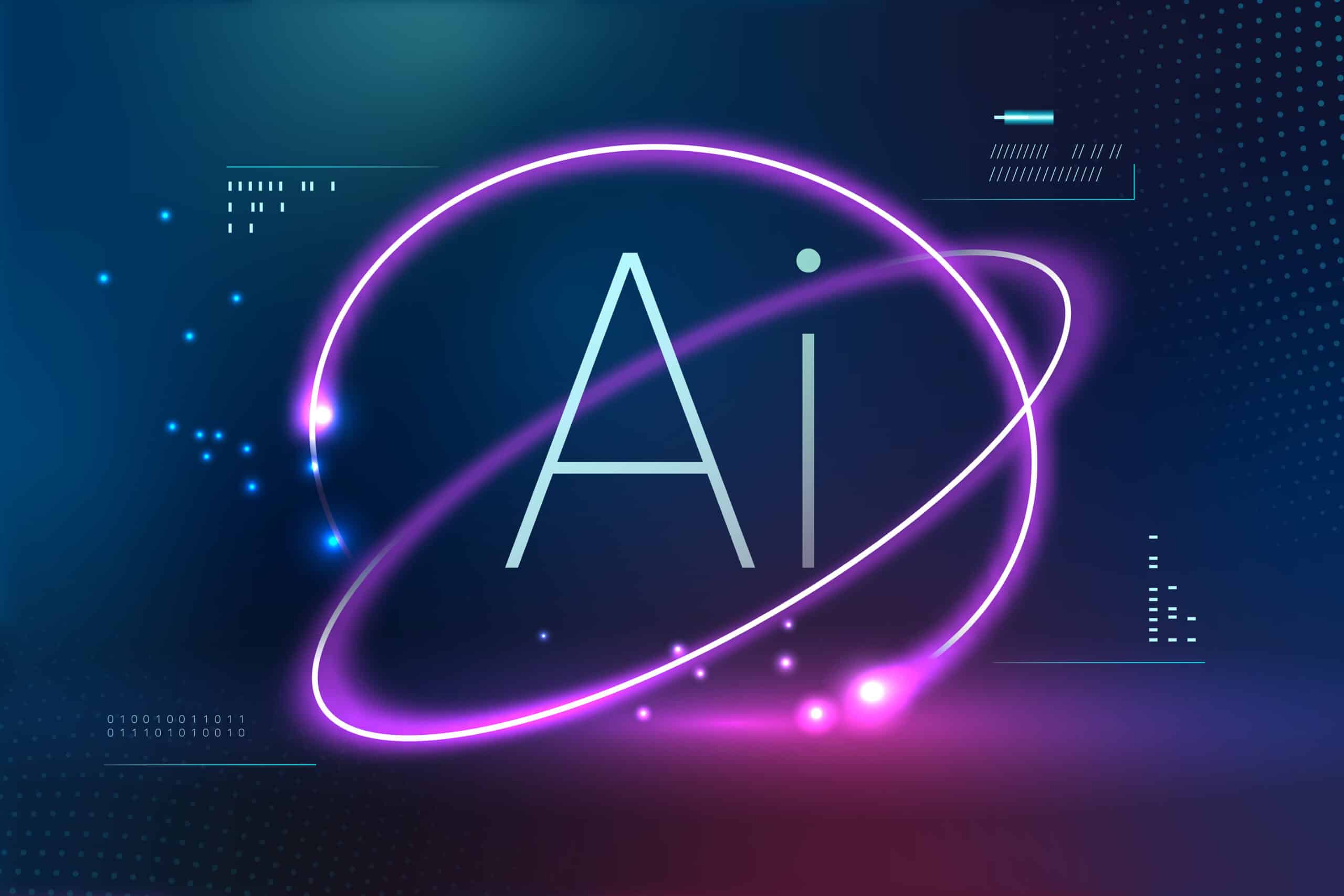 Futuristic AI graphic with neon swirl effect symbolising AI business transformation and digital innovation