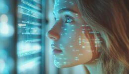 A woman's face is projected with digital data, representing the fusion of technology and humanity.