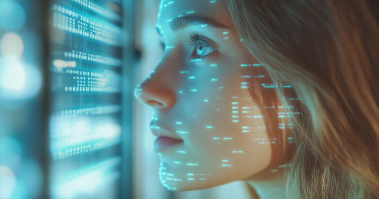 A woman's face is projected with digital data, representing the fusion of technology and humanity. A woman's face is projected with digital data, representing the fusion of technology and humanity.