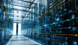 Shot of a Working Data Center With Rows of Rack Servers Connected with Enthernet Connection Visualisation Lines.