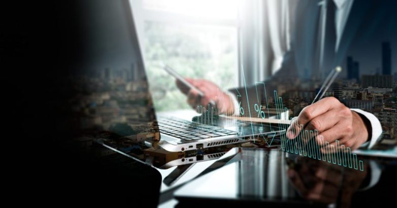 Cost and quality management, corporate strategy, and the idea of project management. A businessperson using a digital tablet to conduct productive business while monitoring quality control growth