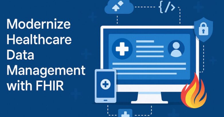 Fhir in healthcare Modernize Healthcare Data Management with FHIR using digital health icons