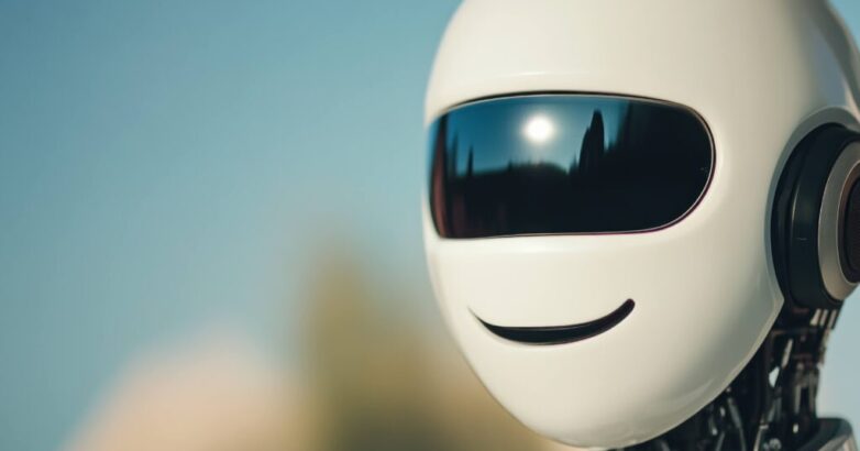 Friendly robotic face with a smooth white finish and a cheerful expression, set against a natural outdoor background, showcasing a futuristic concept and harmony with nature