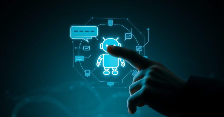 Human finger interacting with glowing robot interface technology artificial