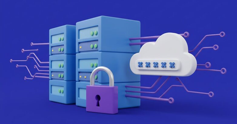 Secure cloud computing with data servers, a padlock, and digital network connections symbolizing data protection and IT infrastructure. biggest data breaches in history and their impact on users’ data privacy