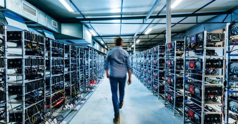 IT business owner walking in high tech data center full of servers and computers.