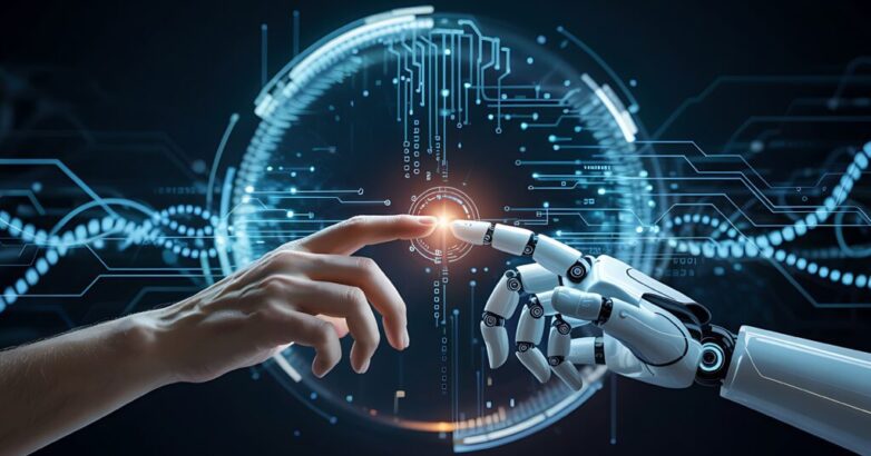 Human And Robot Hand Touching Connection Technology Artificial Intelligence Machine Learning Concept Neural Network Digital Future Futuristic Innovation Synergy Integration Human And Robot Hand Touching Connection Technology Artificial Intelligence Machine Learning Concept Neural Network Digital Future Futuristic Innovation Synergy Integration