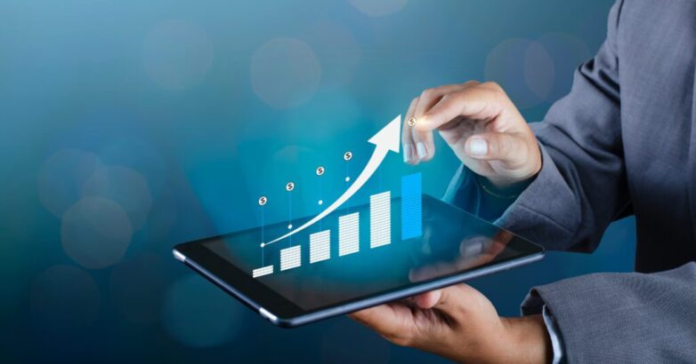 Graph of financial growth global communications Binary Smart Phones and world Internet Businesspeople press the phone to communicate in the Internet Stock chart Researching