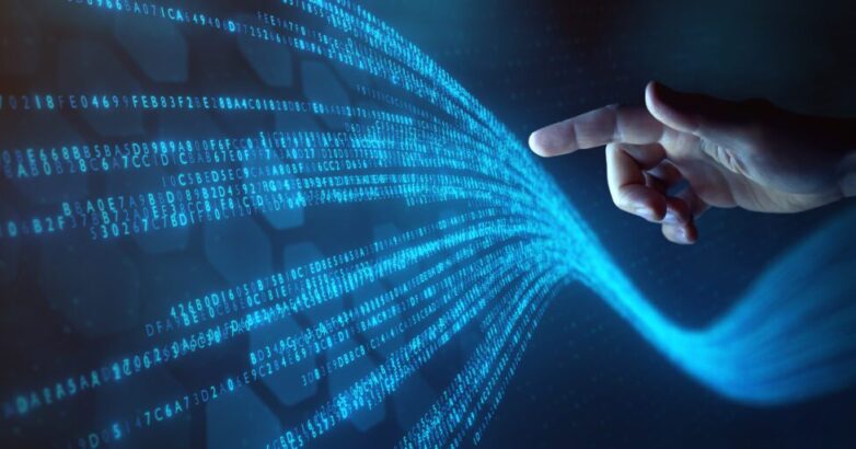 Big data technology and data science with person touching data f