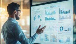 Manager presents data analysis and benefits to corporate team during business meeting