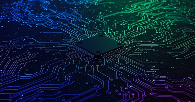 Powerful central processor unit on a futuristic circuit board with glowing neon data pathways representing advanced technology.
