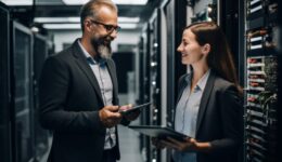 Male IT Specialist Holds Laptop and Discusses Work with colleague at the Data centre server room