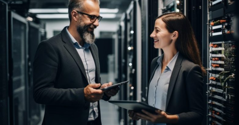Male IT Specialist Holds Laptop and Discusses Work with colleague at the Data centre server room