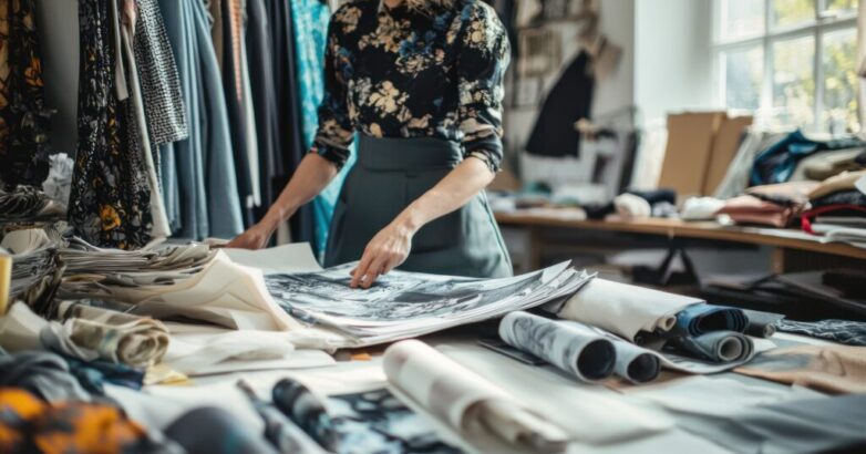 Fashion designer at work in a studio, surrounded by fabric swatches and sketches.