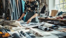 Fashion designer at work in a studio, surrounded by fabric swatches and sketches.
