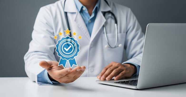 Doctor with quality award symbolizing excellent healthcare and patient satisfaction
