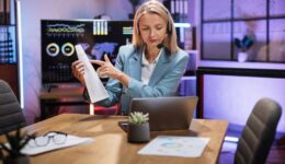 Business woman using headset and laptop for video call