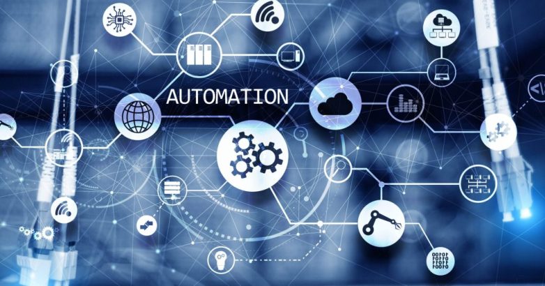 Business process automation concept on blurred network cabinets. New project 2020.