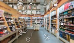 Retail marketing channels E-commerce Shopping automation concept on blurred supermarket background.