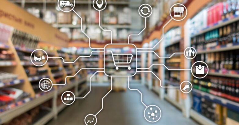 Retail marketing channels E-commerce Shopping automation concept on blurred supermarket background.