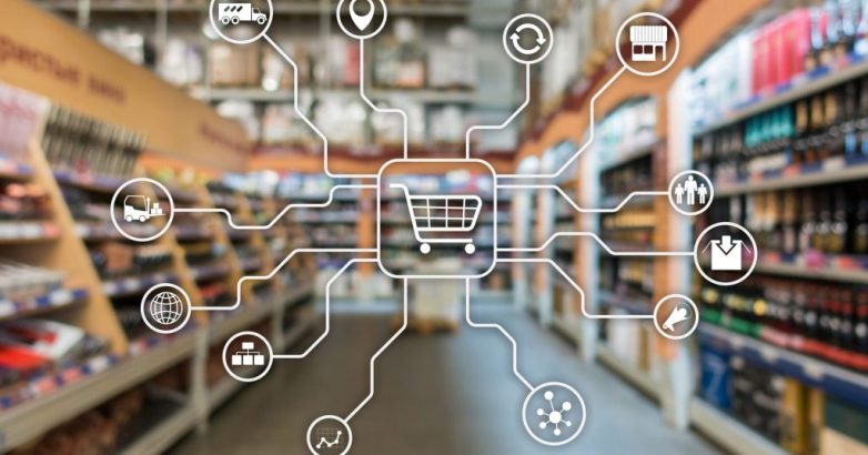 Retail marketing channels E-commerce Shopping automation concept on blurred supermarket background.