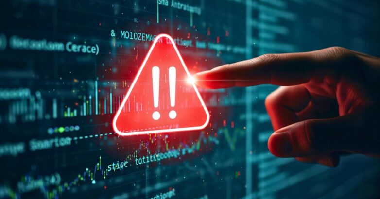 Cybersecurity Alert: A finger gently touches a digital screen displaying a prominent red warning sign, signifying an impending cyber threat and data breach risk within a digital environment.