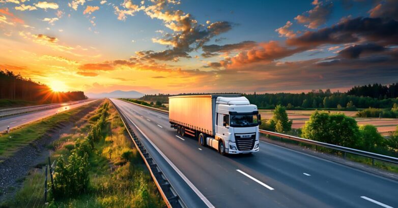 Truck on highway in the countryside in beautiful sunset Truck on highway in the countryside in beautiful sunset