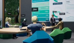 People as avatars having a business meeting in a virtual metaverse VR office